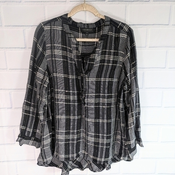 Lane Bryant Tops - Lane Bryant Black/Silver Half Button Up Top Back Ruffle
